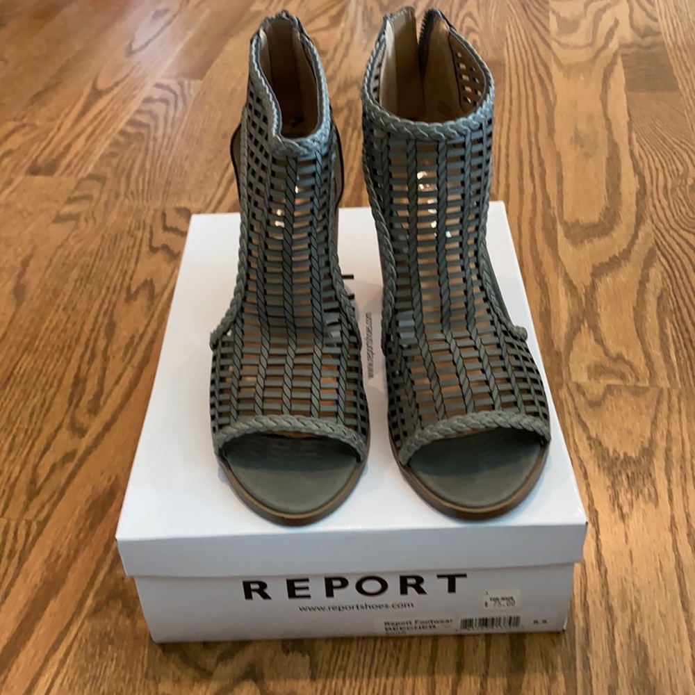 Grey open toe high heel shoes